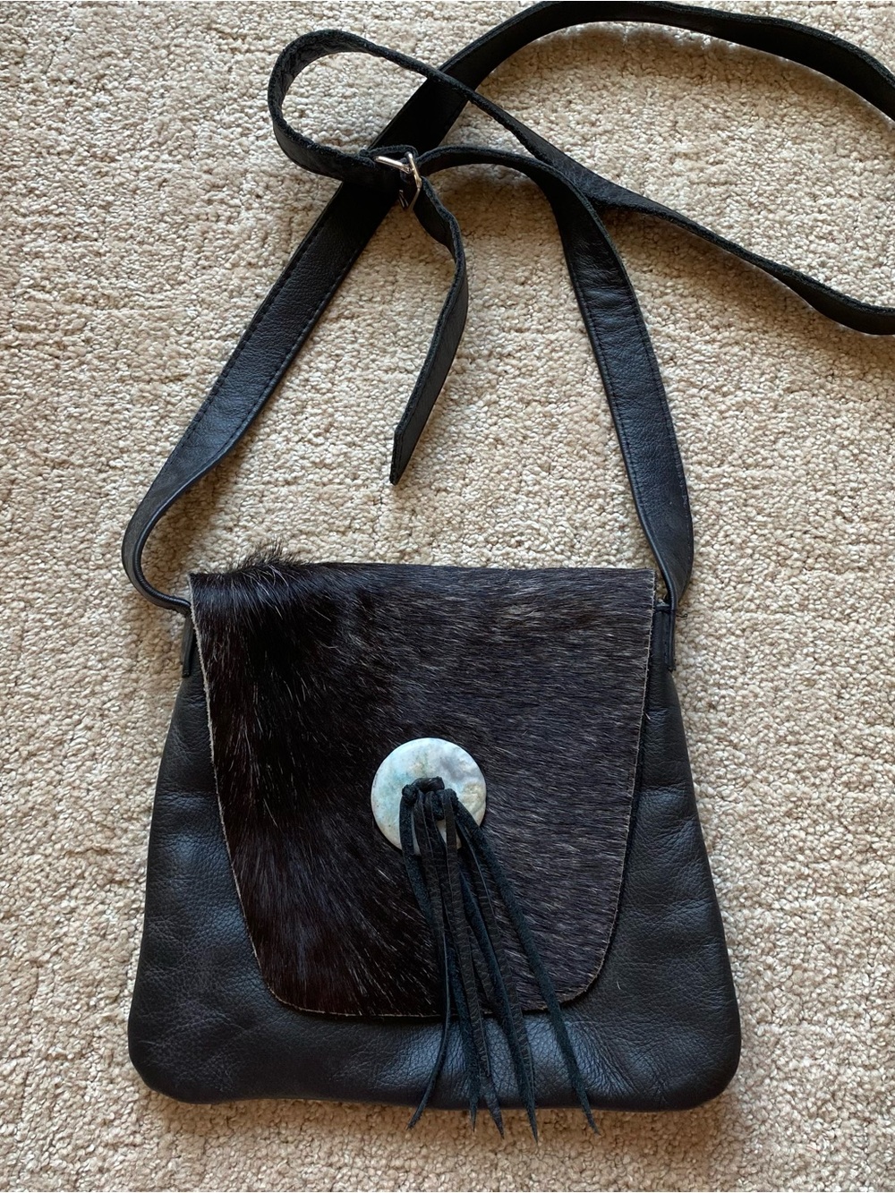 Black Leather Crossbody with Dark Brown Haircalf Flap with Decorative Medallion
